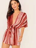 Plunging Neck Knot Front Tie Dye Romper
