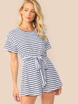 Wide Leg Belted Striped Tee Romper