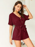 Tie Front Dual Pocket Rolled Cuff Playsuit