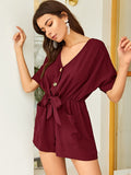 Tie Front Dual Pocket Rolled Cuff Playsuit