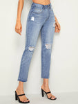 Ripped Raw Hem 5-pocket Jeans