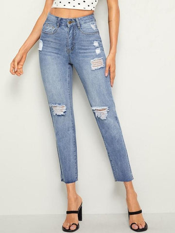 Ripped Raw Hem 5-pocket Jeans