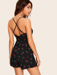 Cherry Print Crisscross Backless Slip Romper