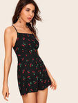 Cherry Print Crisscross Backless Slip Romper