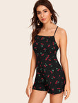 Cherry Print Crisscross Backless Slip Romper