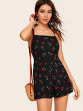 Cherry Print Crisscross Backless Slip Romper