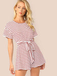 Wide Leg Belted Striped Tee Romper