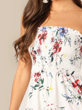 Ruffle Hem Floral Print Shirred Tube Romper