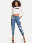 Contrast Tape Ripped Drawstring Jeans