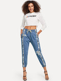 Contrast Tape Ripped Drawstring Jeans