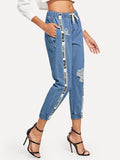 Contrast Tape Ripped Drawstring Jeans