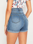 Button Front Roll Hem Denim Shorts