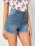 Button Front Roll Hem Denim Shorts