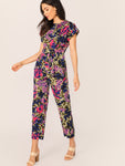 Rolled Tab Sleeve Knot Front Leopard Jumpsuit