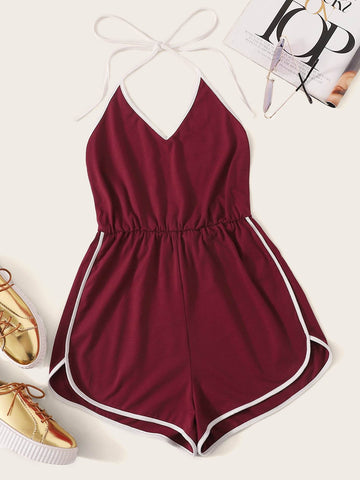 Backless Contrast Binding Halter Romper