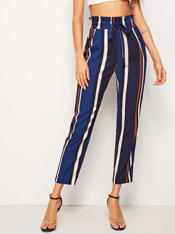 Paperbag Waist Striped Cigarette Pants