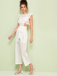 Eyelet Embroidery Cut Out Ruffle Trim Self Tie Jumpsuit