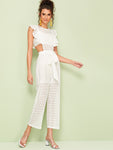 Eyelet Embroidery Cut Out Ruffle Trim Self Tie Jumpsuit