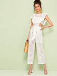 Eyelet Embroidery Cut Out Ruffle Trim Self Tie Jumpsuit