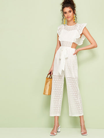 Eyelet Embroidery Cut Out Ruffle Trim Self Tie Jumpsuit