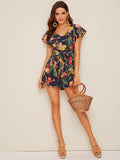 Floral Print Knot Button Keyhole Playsuit