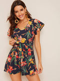 Floral Print Knot Button Keyhole Playsuit