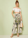 Tropical Print Self Tie Wide Leg Pants