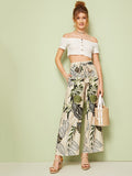 Tropical Print Self Tie Wide Leg Pants