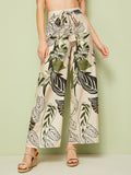 Tropical Print Self Tie Wide Leg Pants