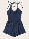 Tie Front Shirred Layer Ruffle Hem Cami Playsuit