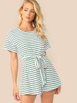 Wide Leg Belted Striped Tee Romper