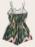 Elastic Waist Slip Tropical Print Romper