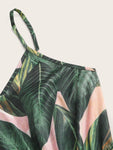 Elastic Waist Slip Tropical Print Romper