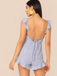 Ruffle Trim Knot Backless Striped Romper