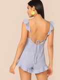 Ruffle Trim Knot Backless Striped Romper