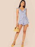 Ruffle Trim Knot Backless Striped Romper