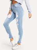 Ripped Raw Hem Faded Wash Jeans