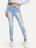 Ripped Raw Hem Faded Wash Jeans