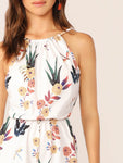 Elastic Waist Floral Print Halter Romper