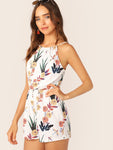 Elastic Waist Floral Print Halter Romper