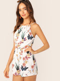 Elastic Waist Floral Print Halter Romper