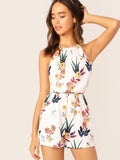 Elastic Waist Floral Print Halter Romper