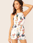 Elastic Waist Floral Print Halter Romper