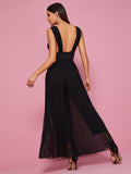 Backless Pleated Wide Leg Belted Jumpsuit