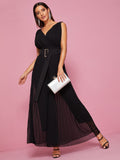 Backless Pleated Wide Leg Belted Jumpsuit