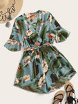 Fluted Sleeve Floral Print Surplice Romper With Belt