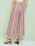 Wide Band Waist Button Detail Striped Palazzo Pants