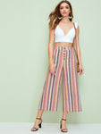 Wide Band Waist Button Detail Striped Palazzo Pants