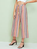 Wide Band Waist Button Detail Striped Palazzo Pants