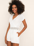 Lace Insert Surplice Front Solid Romper